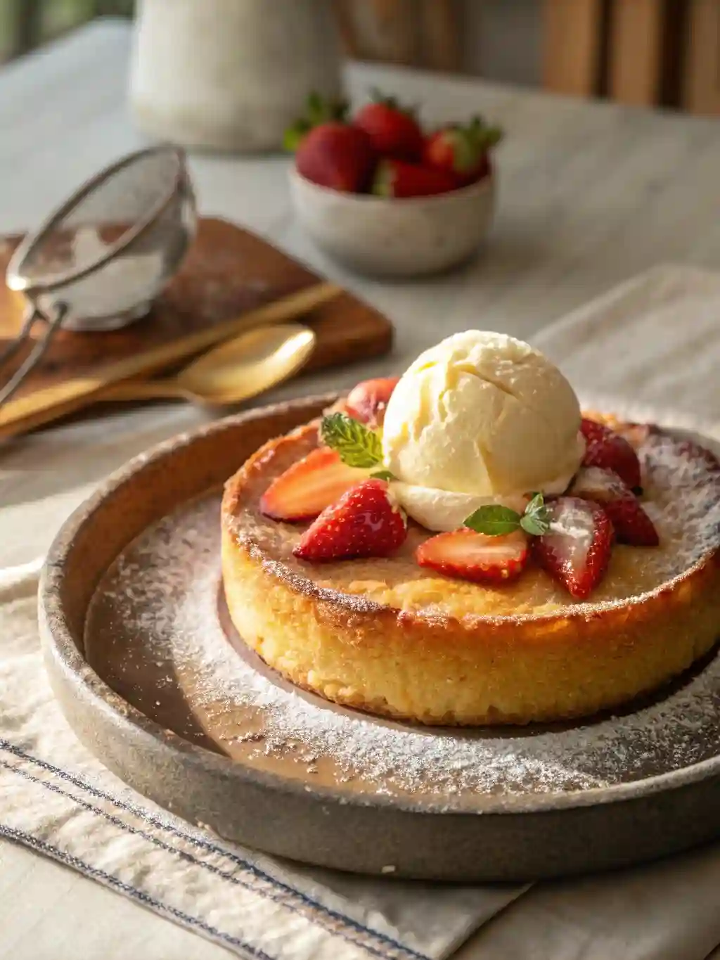 Golden butter cake with vanilla ice cream and strawberries on a stoneware plate.